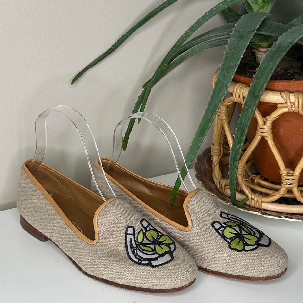 Stubbs & Wootton Lucky Clover Loafers Embroidered Linen Smoking Slippers 7.5 - Picture 2 of 13